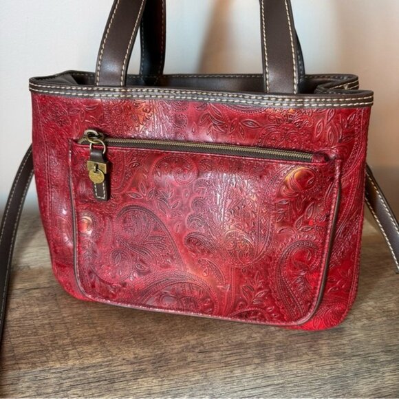 RELIC Red Paisley Embossed Handbag Satchel Brown Accents Crossbody Strap Tooled - Picture 5 of 14